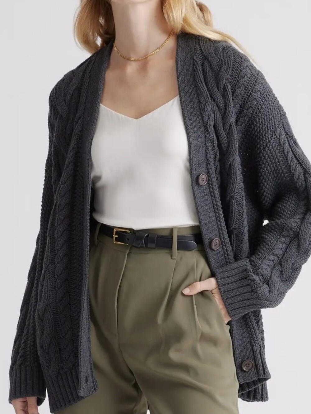 Quince 100% Organic Cotton Oversized Cable Cardigan Size XS GRAY